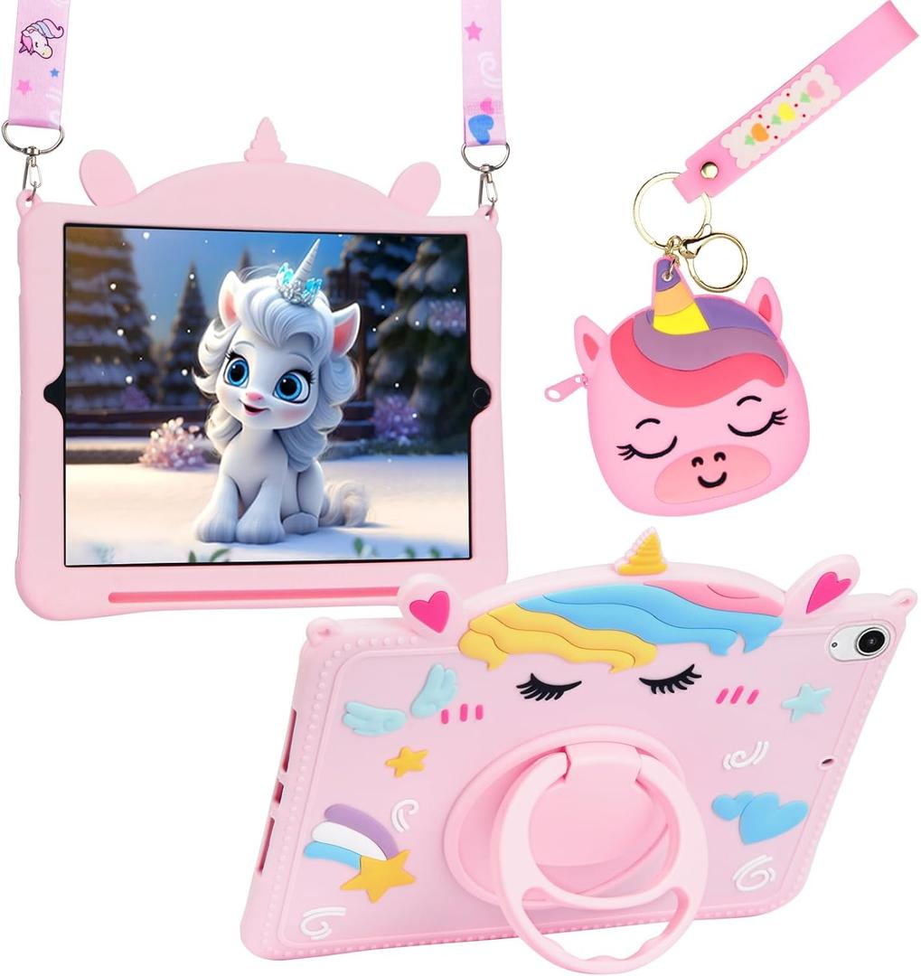 Cute Unicorn Case for iPad 10th Generation 10.9 inch 2022, iPad (A16) 11th Generation 11 Inch 2025 Tablet Cover for Kids Girls with Strap Pencil Holder Rotatable Stand- Pink
