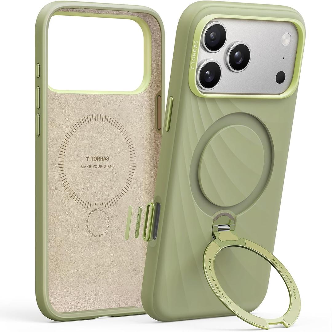 TORRAS Q3 Wind Flow for iPhone 17 Pro Case Silicone, Fit for MagSafe, Magnetic 360 Spin Stand with Camera Control, Liquid Silicone Rubber Soft Phone Case for iPhone 17 Pro 6.3'', Matcha Green