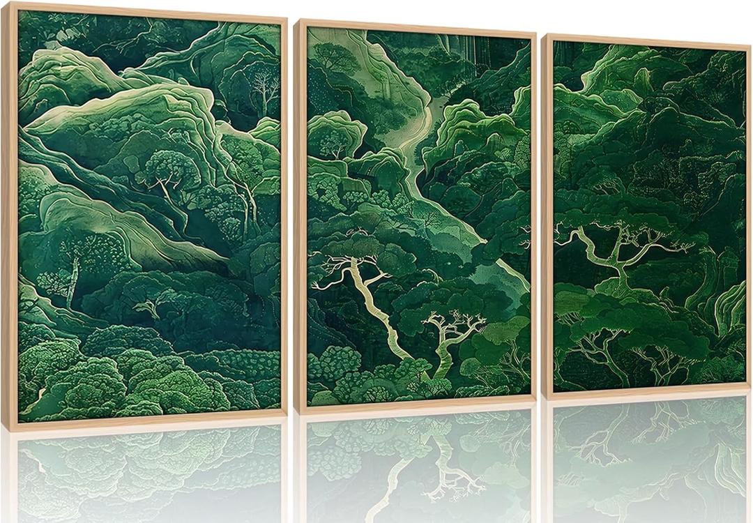 Framed 3Pcs Sage Green Japanese Forest Wall Art Ukiyoe Nature Mountain Canvas Poster Prints with Wood Frame Minimalist Zen Botanical Picture Painting for Living Room Bedroom Office Decor16x24Inch