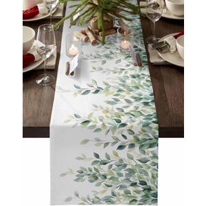 Sage Green Leaf Table Runner Spring Eucalyptus Plants White Tablerunners 13 x 48 Inch , Table Decorations Tabletop Scarf for Winter Family Gathering Holiday Farmhouse Kitchen Dining Decor for Home
