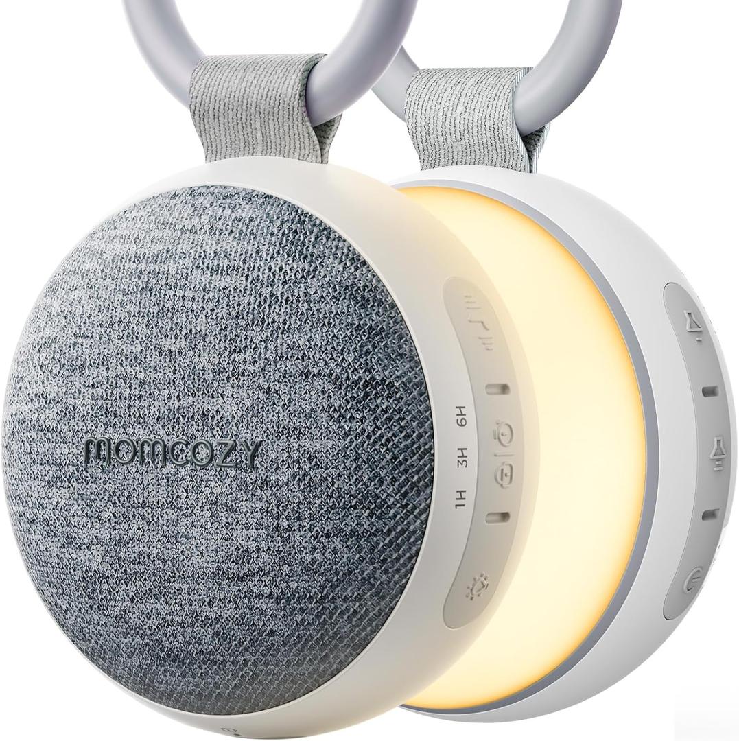 Momcozy Portable Sound Machine with Night Light, White Noise Sound Machine for Baby, 20 Soothing Sounds, Sound Therapy, Long-Lasting Power, Timer, Clips on Stroller, Grey