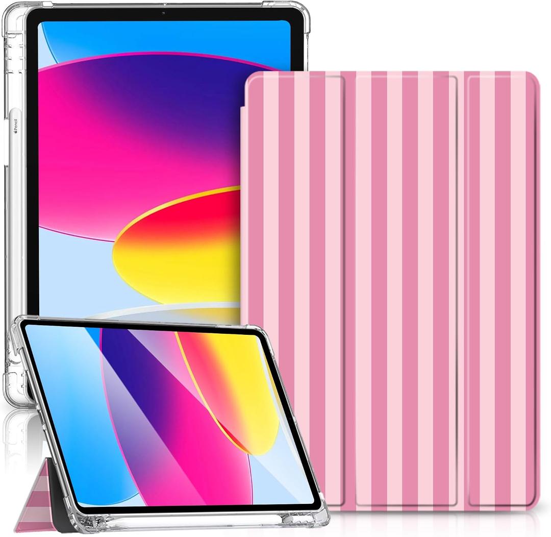 TopPerfekt Case for iPad 11th (A16) 11-inch 2025/10th Generation 10.9-inch 2022, Stripes [Auto Wake/Sleep] with Pencil Holder, Clear Transparent Back Shell Slim Stand Shockproof Tablet Cover- Pink