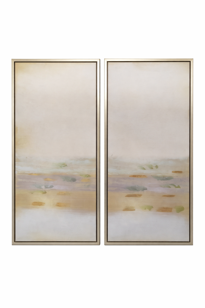 Set of 2 Framed Abstract Coastal Wall Art Paintings, Soft Neutral Tones, Silver Metal Frames