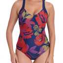 Itzel Women's V Neck One Piece Swimsuit Modest Navy Red Floral 8 (Blue)