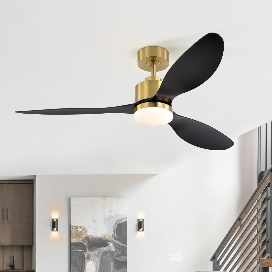 52" Ceiling Fans with Lights and Remote, Quiet DC Motor, 3 Reversible Blades, Modern Gold and Black Ceiling Fan with 3-Color LED Light Fandelier for Bedroom Living Room