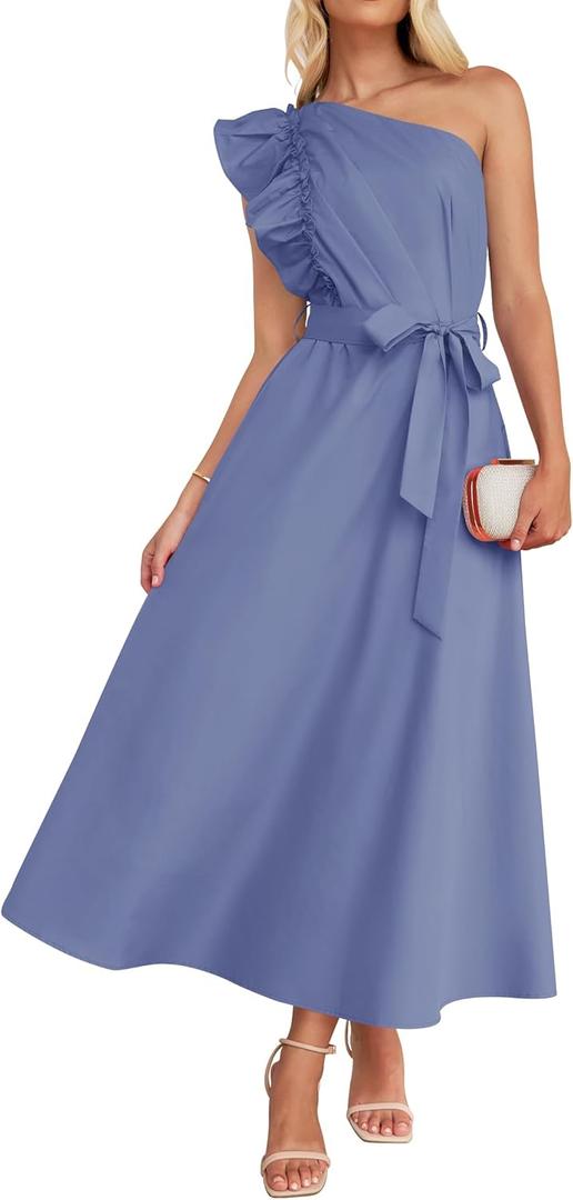 ZESICA Womens 2026 Summer One Shoulder Ruffle Maxi Dress Boho Sleeveless Empire Waist Tie Flowy Beach Party Long Dresses (Blue, XL)