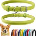 CollarDirect Rolled Leather Dog Collar, Soft Padded Round Puppy Collar, Handmade Genuine Leather Collar Dog Small Large Cat Collars 13 Colors (13-16 Inch, Lime Green Smooth)