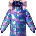 Girl Waterproof Long Coat Winter Puffer Jacket Kid Metallic Shiny Hooded Clothes (6-7 Years, Purple)