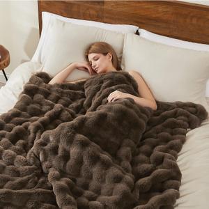 L'AGRATY Faux Rabbit Fur Blanket: 50" x 60" Luxury Soft Fluffy Thick Fur Throw Blanket for Couch Bed Sofa - Cozy Plush Bubble Blankets for Winter: Warm Flannel Fleece Decorative Blanket(Cocoa Brown)