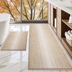 BSICPRO Bathroom Rugs and Mats Sets, 2 Piece Thick Absorbent Chenille Bath Mat Rug Set Non Slip, Soft Shaggy Bath Room Floor Mats for Bathroom, Machine Washable (Beige, 24" x 70" Plus 20" x 32")
