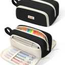 SUNEE Cute Pencil Case, Aesthetic Pen Pouch with 3 Compartments, Kawaii Colored Large Pencil Bag with Zipper, Stationery Storage and Organizer, Black School Supplies for Teen and Adult Girls