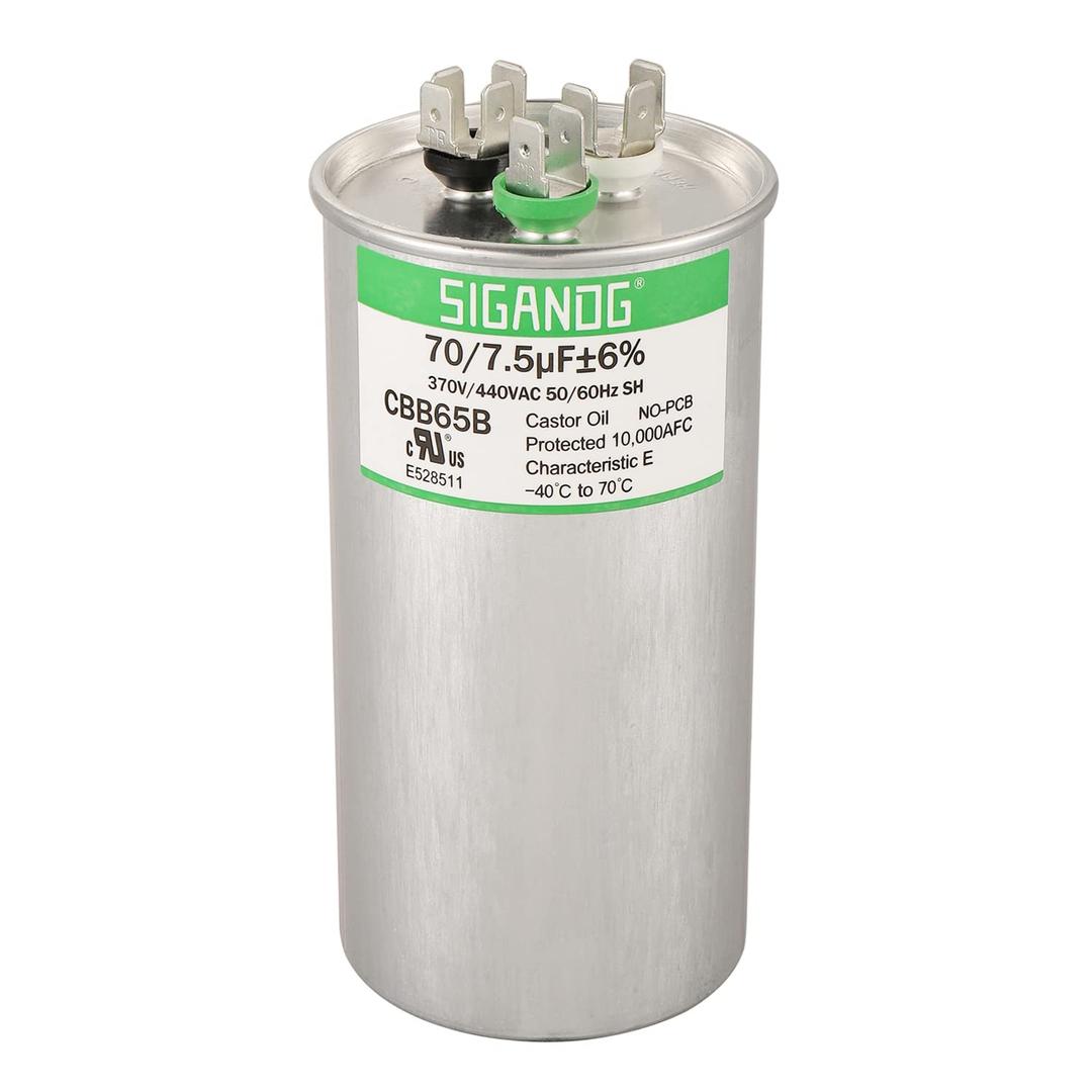 70/7.5 uF 70+7.5 MFD 370V or 440V CBB65 Dual Run Start Round Capacitor 70 7.5 uF MFD 370 440 Volt VAC for Condenser Straight Cool or Heat Pump Air Conditioner