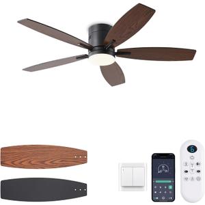 KNUN 52-inch Ceiling Fan with Light and Remote/App Control, Flush Mount Low Profile, Reversible DC Motor, Brown Modern Ceiling Fan with Light, Dimmable,Noiseless,for Bedroom Living Room