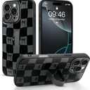 Checkered Case for iPhone 16 Pro Max with Finger Strap Kickstand Cute Checkerboard Bow Phone Case for Women Girls, Full Camera Protection Shockproof Cover for 16 Pro Max 6.9 inch, Black