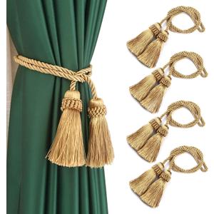 Fenghuangwu Curtain Tiebacks Handmade Decorative Curtain Holdbacks Rope with Tassel (Gold, 4P)