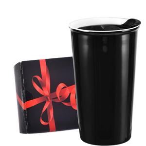 Ceramic Travel Mug, 12oz Unique To Go Coffee Mugs with Splash Resistant Lid and Color Box, Reusable Double Wall Black Mug Porcelain Coffee Cup, Gifts for Women Men Her Him, Black