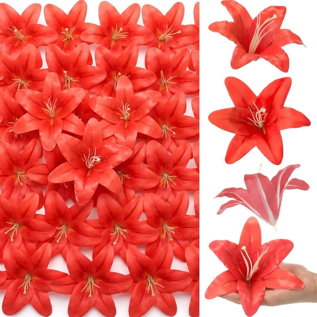 Suncalla 30 Pack Large Artificial Lilies Flower Heads with Realistic Stamens 5.9" Faux Fake Lily Flower Heads Bulk for DIY Crafts Cake Wedding Bridal Wreaths Table Home Party Decor (Red)