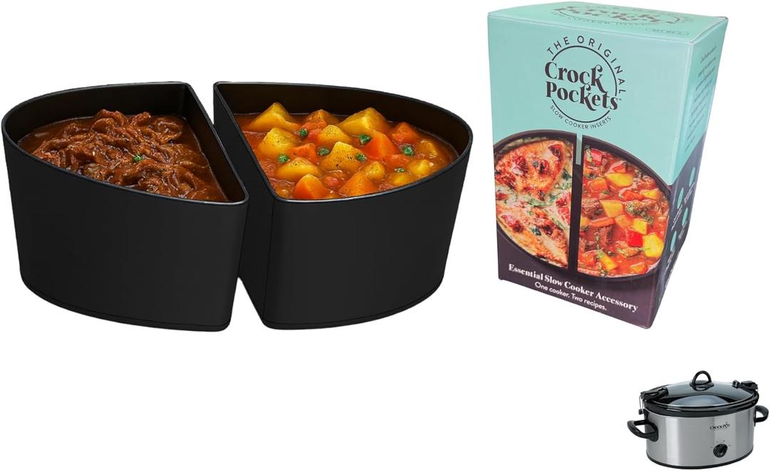 CrockPockets Reusable Silicone Slow Cooker Dividers  6Qt Divider Set (2-Pack), Non-Stick, Leak-Resistant, BPA-Free, Dishwasher Safe + Free Digital Cookbook! (Black/Black)