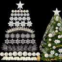 68 Pcs Christmas Tree Ornaments Set Glitter Shatterproof Xmas Tree Ball Ornament Poinsettia Flowers Wired Ribbon Berry Stem Topper Star Pine Needles for Christmas Home Decoration (Iridescent) (White)