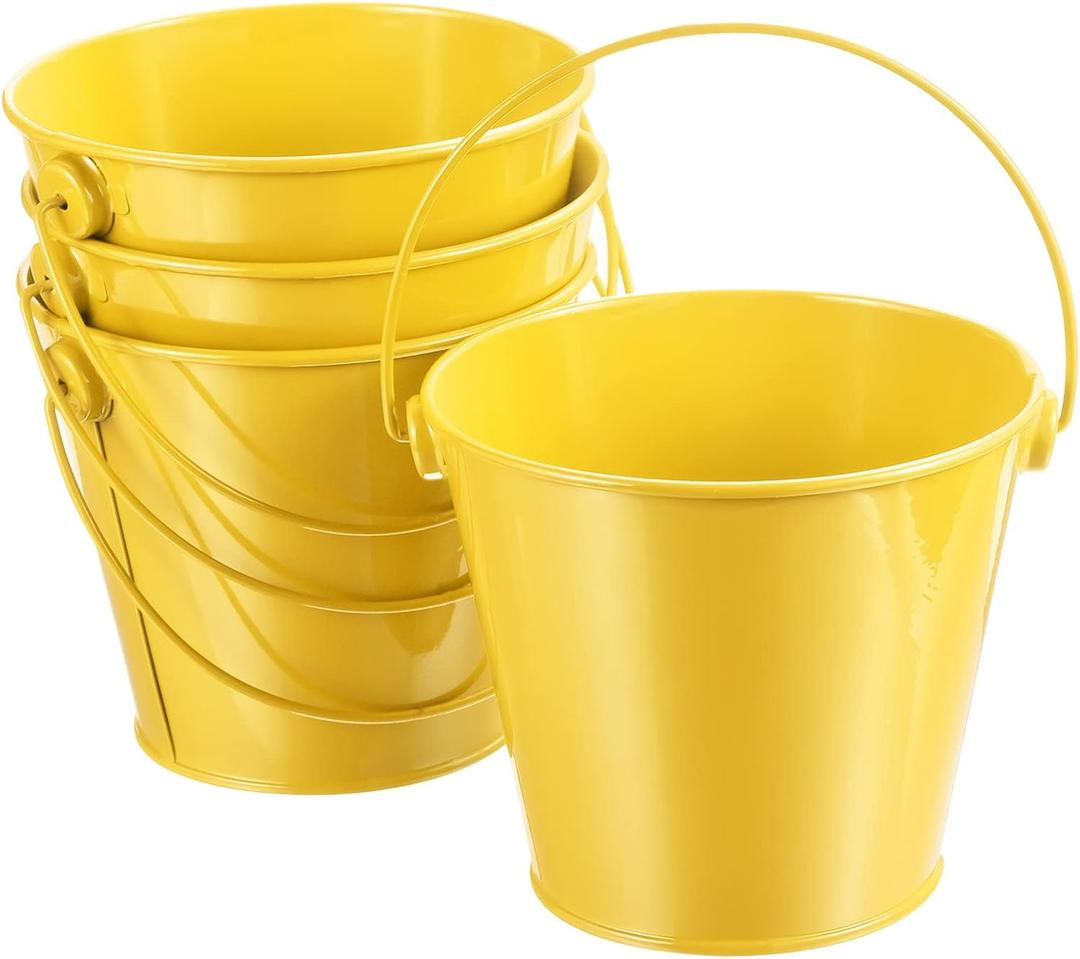 PATIKIL 4.7 Inch Colored Metal Buckets, 4 Pack Pencil Holder Buckets Round Metal Planter Pails Container with Handles for Classroom Crafts, Yellow