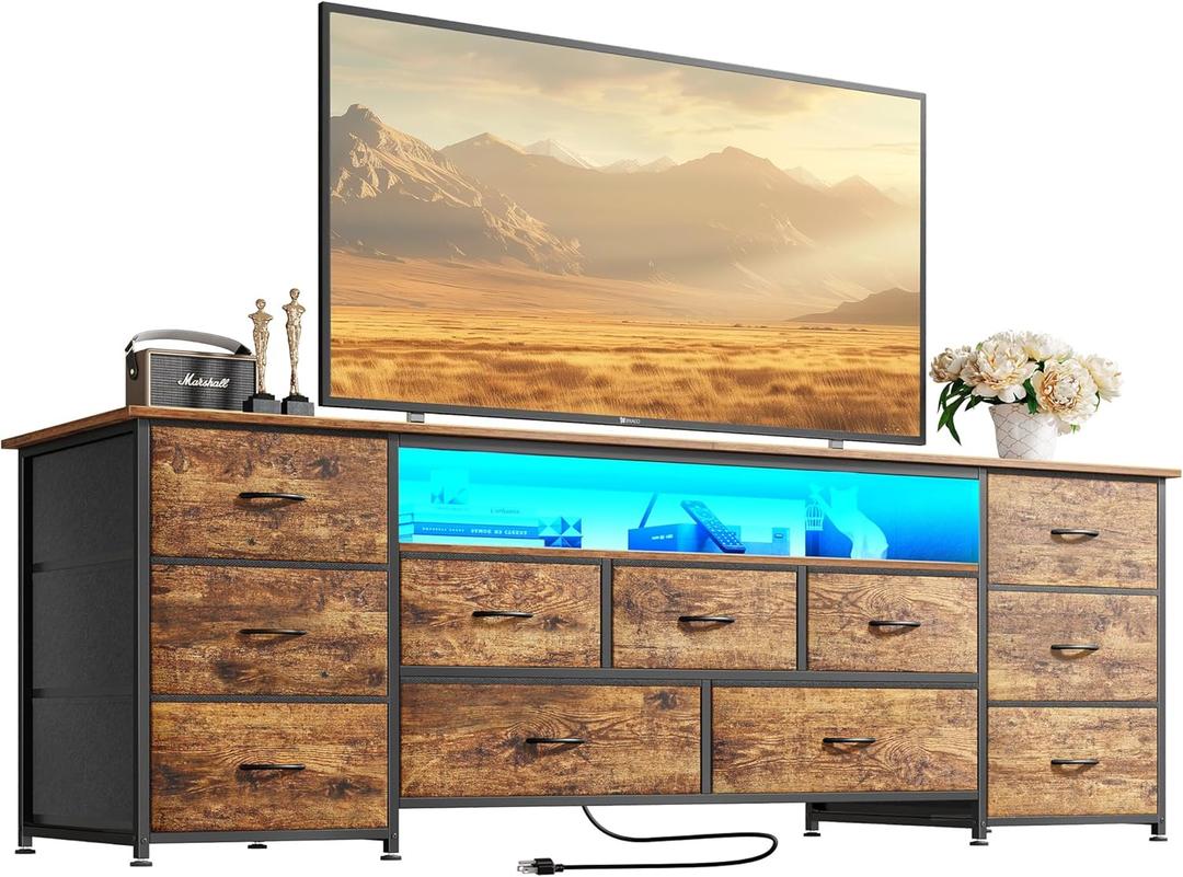 Huuger 63 Inch TV Stand for 65, 70 Inch TV, 11 Drawer Long Dresser with Power Outlets and LED Lights, Entertainment Center with Storage, Rustic Brown Dresser with PU Leather Surface