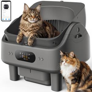 Open Top Automatic Litter Box, Smart Self-Cleaning Cat Litter Box, 10 Safety Sensors, 6" Large LED, Large Capacity for Multiple Cats with APP Control, Trash Bags/Cat Stair/Litter Mat, Grey