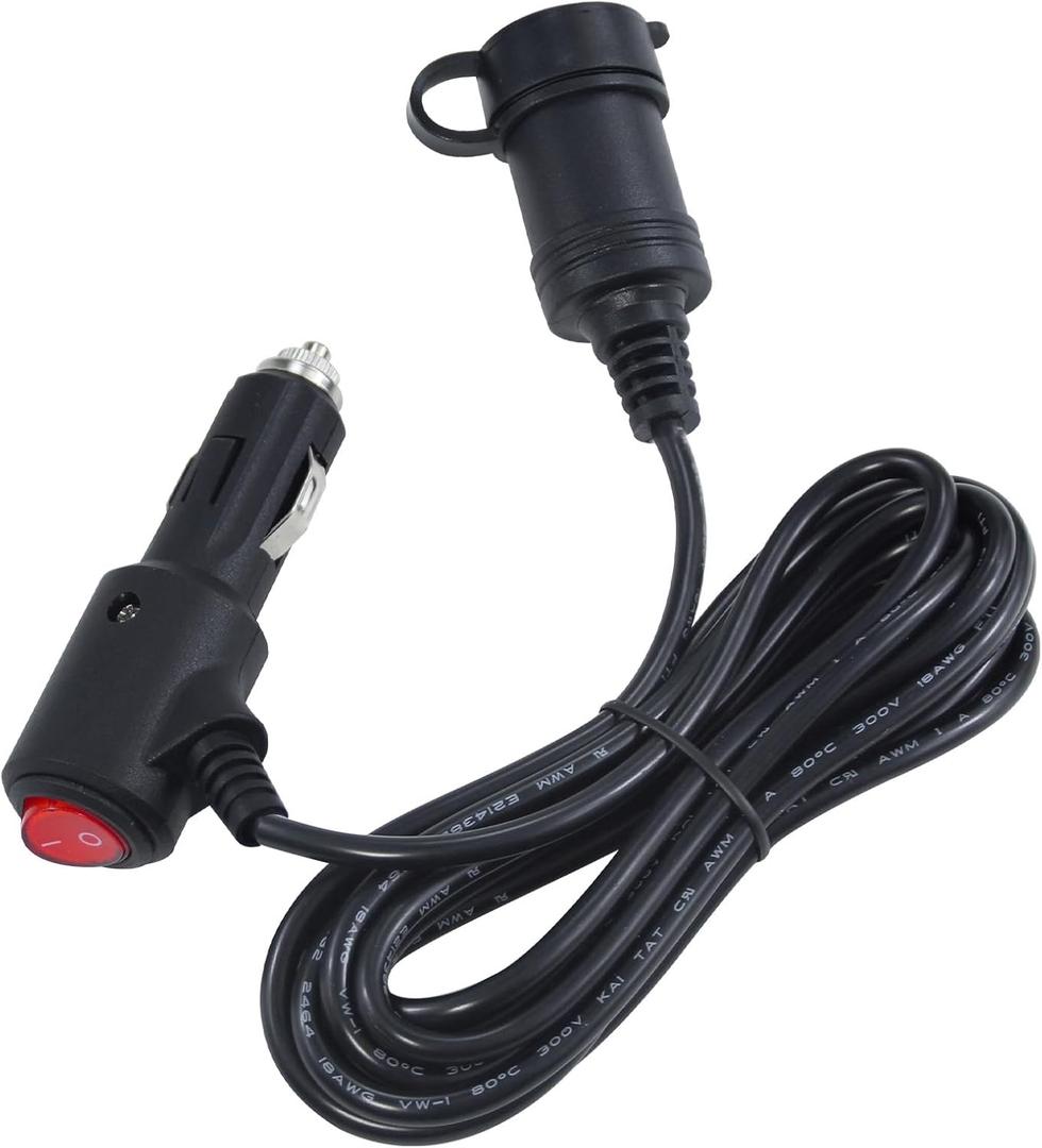 10FT 12volt DC Cigarette Lighter Extension Cord with On Off Switch - Black Car Power Charge Extension Cable with 15A Fuse, Lighter Male Plug to Female Socket Extender with Cap for Air Compressor