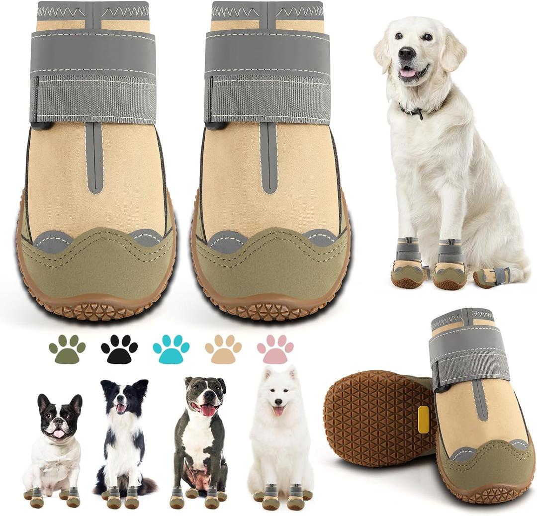 Dog Boots for  Dog Boots & Paw Protectors for Hardwood Floors, Outdoor Dog Booties for Hot Pavement Winter Snow Hiking, Dog Shoes with Reflective Strips (Width 1.96 Inch, Light Khaki)Size 4