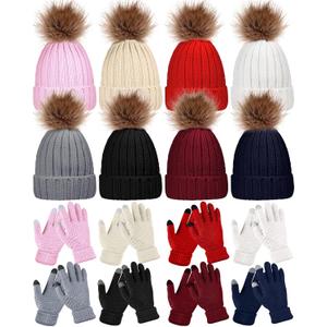 Liitrsh 16 Pcs Women Winter Knitted Beanie Hat Gloves Set 8 Pcs Warm Knitted Skull Hats with 8 Pairs Knit Touchscreen Gloves for homeless Donation Favor
