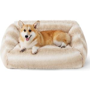 Lesure Dog Bed Medium Size - Cute Furry Calming Puppy Beds, Rectangle Washable Indoor Pet Beds with Removable Zipper Cover, 35x25x11inches, Beige Stripe (Large)