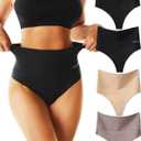 FINETOO High Waisted Thongs for Women Tummy Control Underwear Soft Nylon Stretchy No Show High Rise Thong Panties 4 Pack (Large)