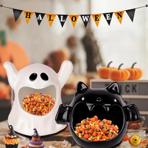 2pcs Halloween Candy Bowls, Bat Ghost Ceramic Dish Candle Holder Tiered Tray Ornament Tableware Party Decor
