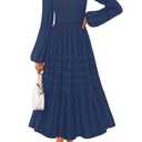 MEROKEETY Women's 2025 Long Sleeve Fall Dress Square Neck Smocked Flowy Tiered Casual Maxi Dresses with Pockets, Navy, L