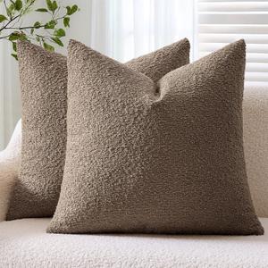 ANRODUO Pack of 2 Textured Boucle Throw Pillow Covers Soft Brown Euro Decorative Accent Solid Pillow Cases Cozy Modern Couch Cushion Case for Chair Sofa Bedroom Living Room Home Decor, 26 x 26 Inch