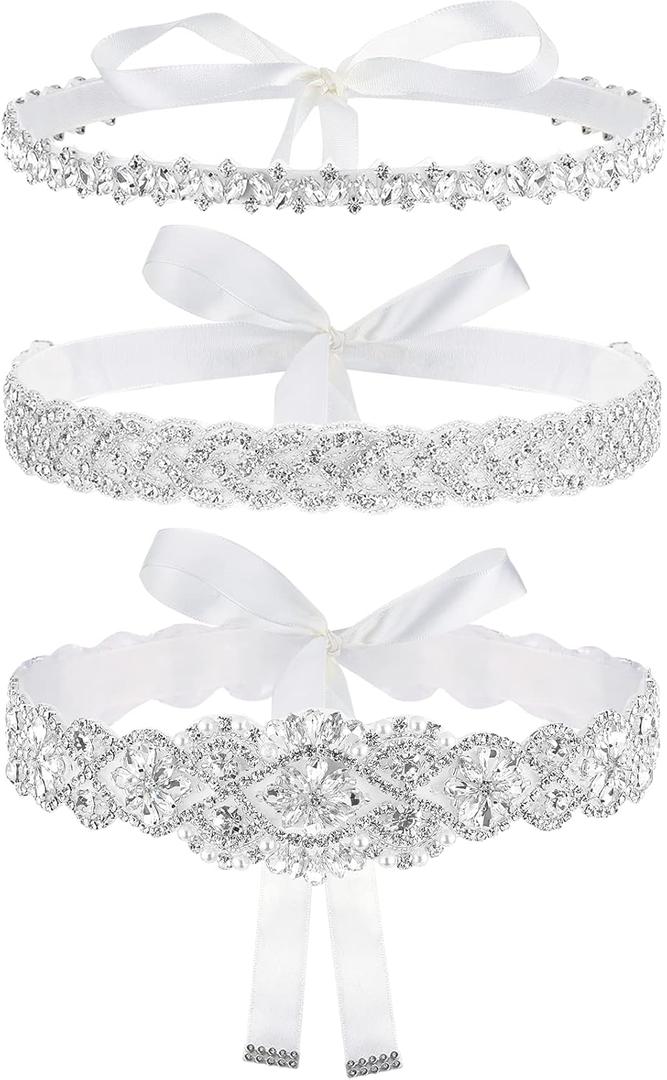 Sintege 3 Pcs Wedding Dress Belts Rhinestone Bridal Sash Belts Crystal Ribbon Sash for Women Bridal Bridesmaid (White)