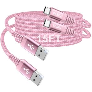 USB to USB C Cable [15FT 2Pack], Long USB C Cable 3A Fast Charging, USBA to USBC Cable Nylon Braided Durable USB to C Cable for iPhone 17 16 15 Pro Max/16e, Galaxy S25 S24 S23 S22 Plus and More-Pink