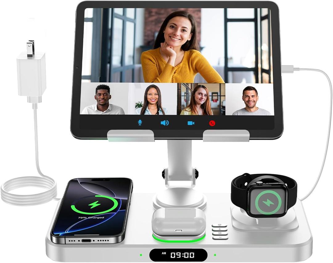 6 in 1 Wireless Charger for Apple Multiple Devices, Charging Station with Clock &7 Color Ambient Light, Foldable Rotate Stand for iPad, for iPhone17/16/15 Series, Support for Apple Watch11/10 AirPods4