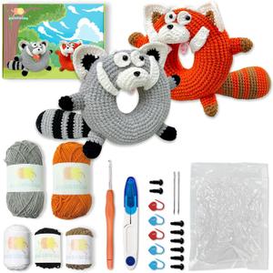 Dw3nwucc 2PCS Raccoon Crochet Starter Kit for Adults & Kids, DIY Animal Craft Kit with Easy Instructions + Video Tutorials, Beginner-Friendly Crocheting Set (Grey/Tangerine)