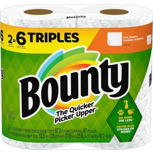 Bounty Full Sheet Paper Towels, White, 2 Triple Rolls - 6 Regular Rolls