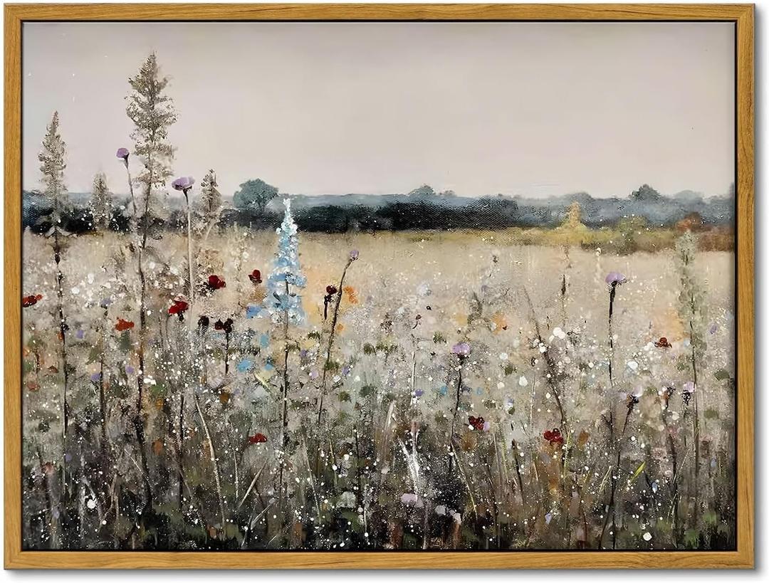 OIQArtOIQ Vintage Wildflowers Landscape Wall Art Framed Floral Natural Scenery Oil Painting Canvas Prints Country Farmhouse Decor Pictures Kitchen Bedroom Living Room Bathroom (36L" x 24W")