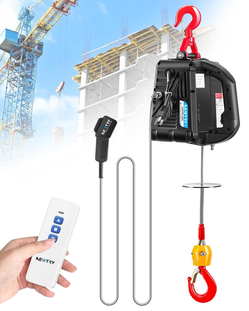 NEWTRY 3 in 1 Electric Hoist Winch 220lb, 16ft/min Manual|Cable|Wireless Remote Control, 82ft Portable Power Electric Lift with Sling Strap for Lifting Small Engines, Bicycles, Groceries