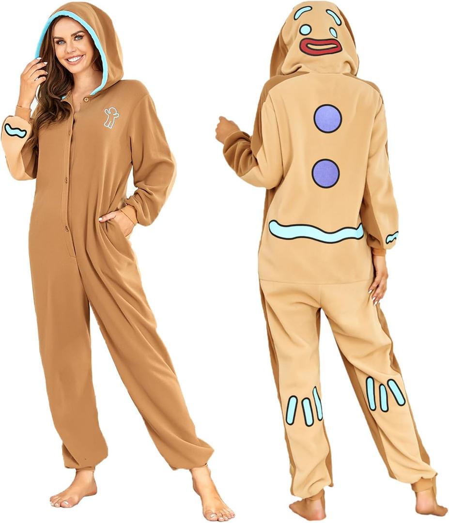 RONGTAI OriginalUnisex Christmas Costumes One-Piece Cosplay Pajama Sleepwear for Adult (Medium, Gingerbread Man)
