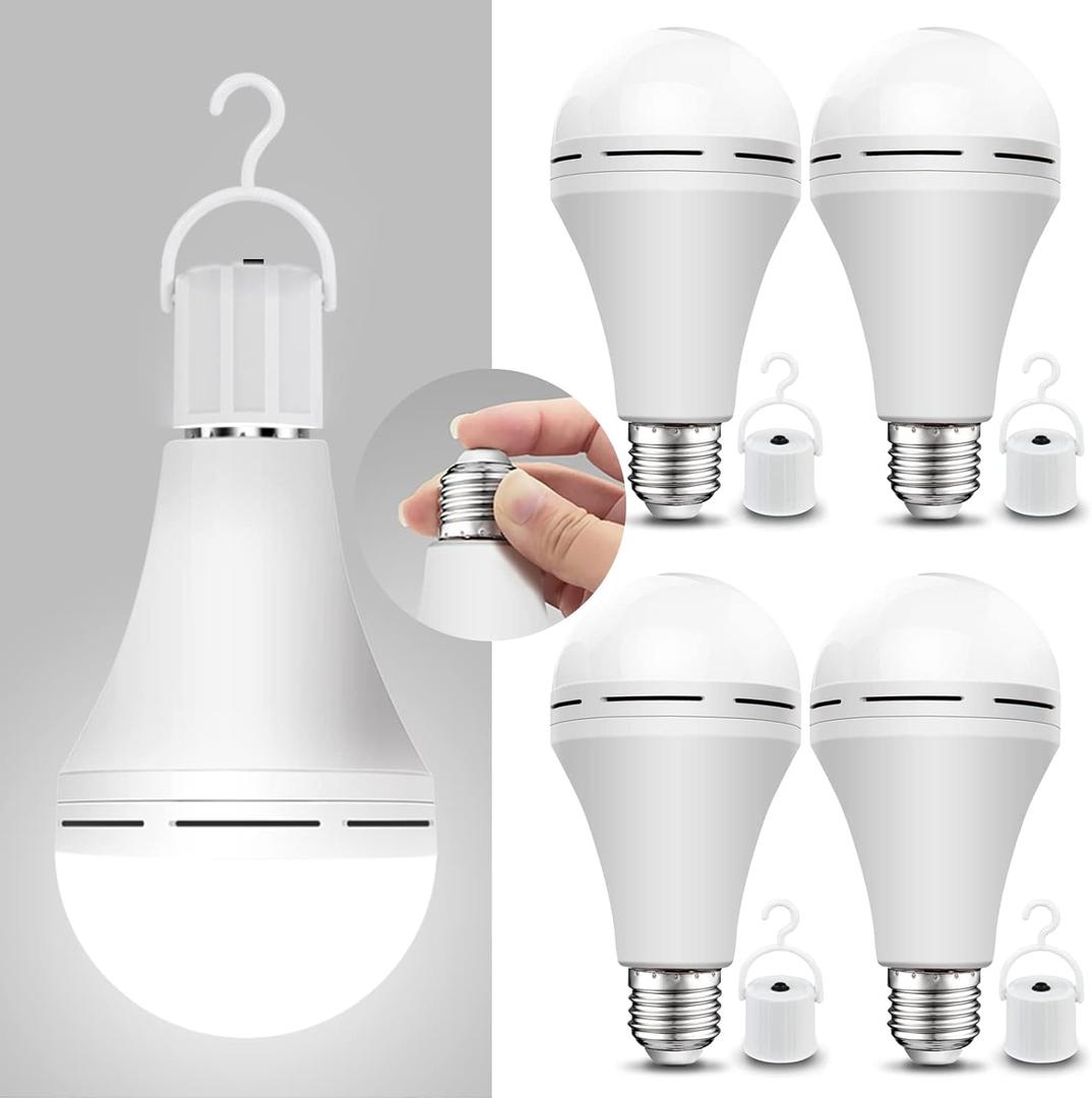 Neporal 4 Pack Emergency-Rechargeable-Light-Bulb, Stay Lights Up When Power Failure, 1200mAh 15W 80W Equivalent LED Light Bulbs for Home, Camping, Tent (E27, with Hook) (Daylight)