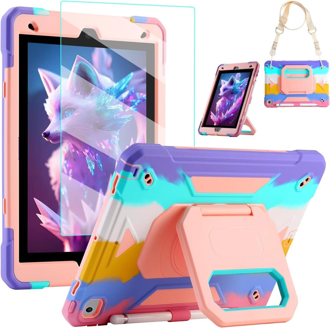 for iPad 9th/8th/7th Generation Case, iPad 10.2 Case 2021/2020/2019, Rugged Heavy Duty Shockproof Protective Kids Case with Screen Protector/360° Rotating Folding Stand/Pencil Holder/Shoulder Strap (Rainbow)