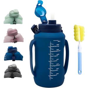 64oz Foldable Water Kettle - Straw & Motivational Time Marker, Half Gallon Silicone Reusable Bottle for Airport Travel, Outdoor Adventures & Home/Office (Blue)