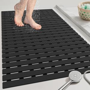 OTHWAY Large Shower Mat, 35.4 x 24 Inch No Suction Cup Shower Mat Non Slip, Quick Drain Non Slip Shower Mats for Inside Shower, Heavy Duty Curlable PVC Stand up Shower Floor Mat, Black