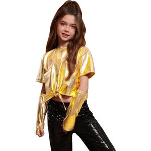 Perfashion Girls Metallic Shirts Shiny Tie Front Knot Crop Top with Arm Sleeves for Dancing Raves Festivals (10-11 Years, Gold-258)