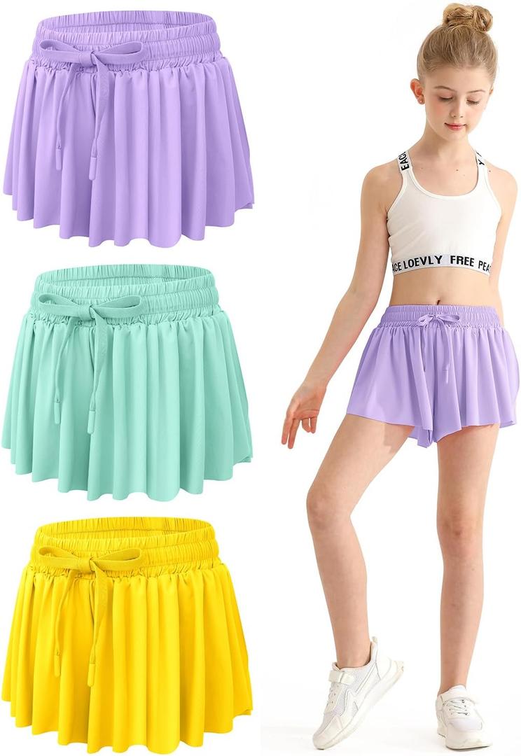 EQSJIU Girls Butterfly Shorts with Spandex Liner Preppy Flowy Athletic Shorts Skirts for Sports, Running, Dance, Cheerleading (10-11 Years, Yellow/Green/Purple)
