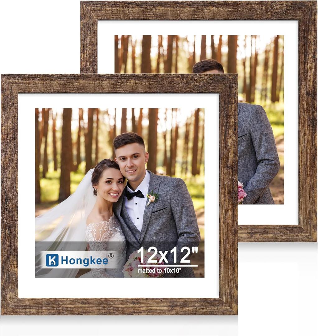 Hongkee 12x12 Picture Frame Set of 2, Made of Real Glass and Rustic Brown Wooden Frame - Display Square 10x10 with Mat or 12x12 Without Mat, 12 by 12 Photo for Wall or Tabletop