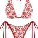 ZAFUL Women's Triangle Bikini Multiway Fishnet Tie Side Bandeau Halter String Bikini Set Two Piece Swimsuit Bathing Suits (Medium, 6-floral Red)